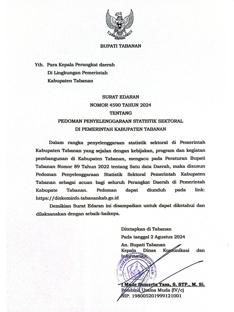 Surat Edaran Pedoman Penyelengaraan Statistik Sektoral di Pemerintah Kabupaten Tabanan
